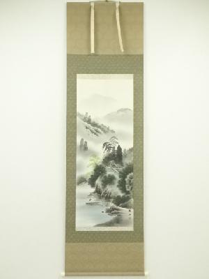 秋山筆　彩色山水　肉筆絹本掛軸